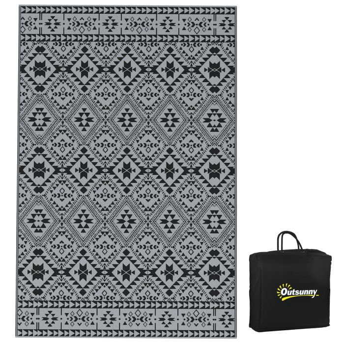 Plastic Straw Reversible RV Outdoor Rug with Carry Bag, 182 x 274cm, Black and Grey