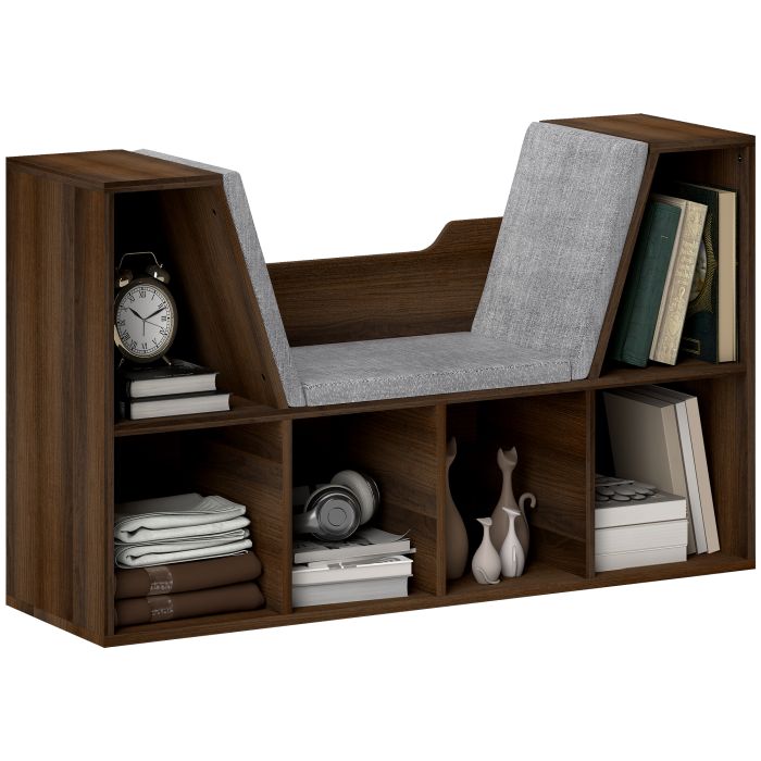 HERON Bookcase Storage Shelf with Cushioned Reading Seat, Cube Bookshelf Organizer for Bedroom Living Room, Chestnut