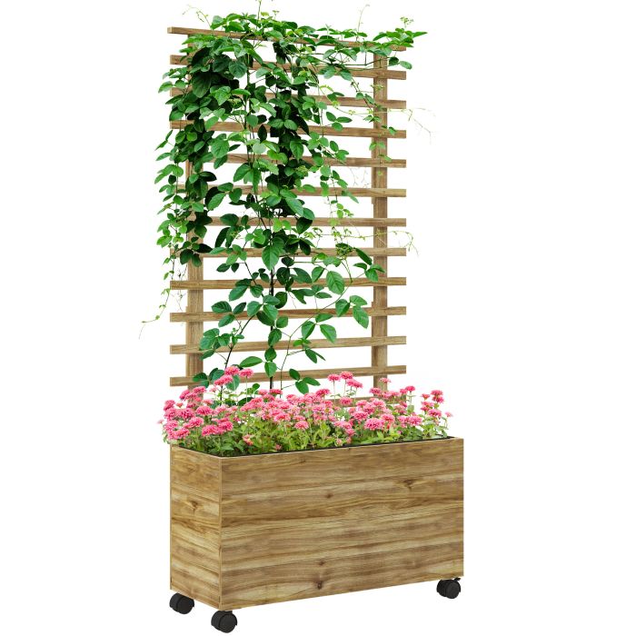 Wooden Garden Raised Bed with Trellis, Planter Box with 4 Wheels for Climbing Plants, 76x30x155cm, Natural