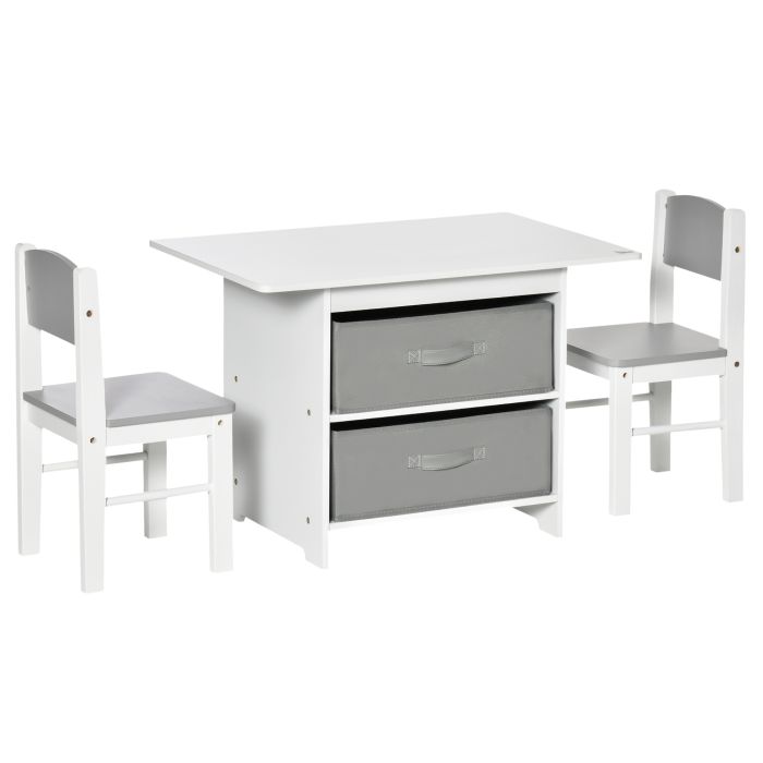 3-Pcs Compact Kids Table and Chairs with Storage - White