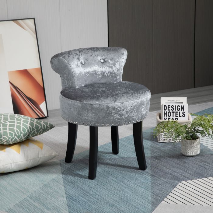Velvet Dressing Table Stool with Rubber Wood Legs - Grey