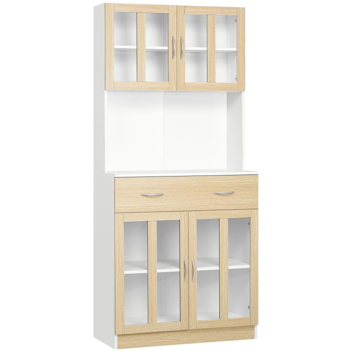 Modern Kitchen Cupboard, Freestanding Storage Cabinet Hutch with Central Drawer, 2 Glass Door Cabinets and Countertop,180cm