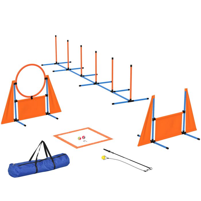 PAWSTER 7-Piece Dog Agility Equipment Set with Weave Poles, Jump Ring and Hurdle, Pause Box and Carry Bag, Orange