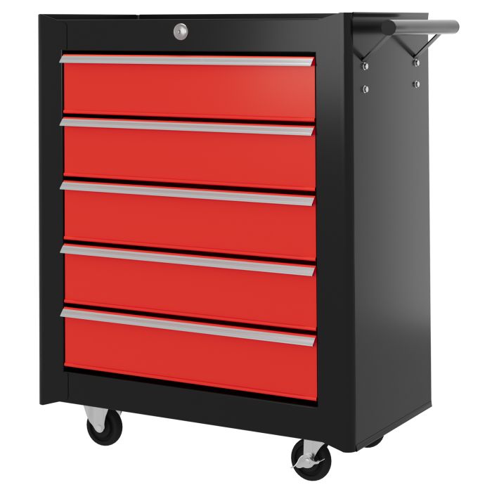5-Drawer Tool Chest with Wheels, Steel Lockable Tool Storage Cabinet with Handle, 2 Keys for Garage, Workshop, Red