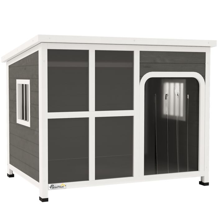 PAWSTER Wooden Dog House Outdoor with  Asphalt Openable Top, Removable Floor, Clear Front Panel, Curtain, 103 x 77 x 83cm