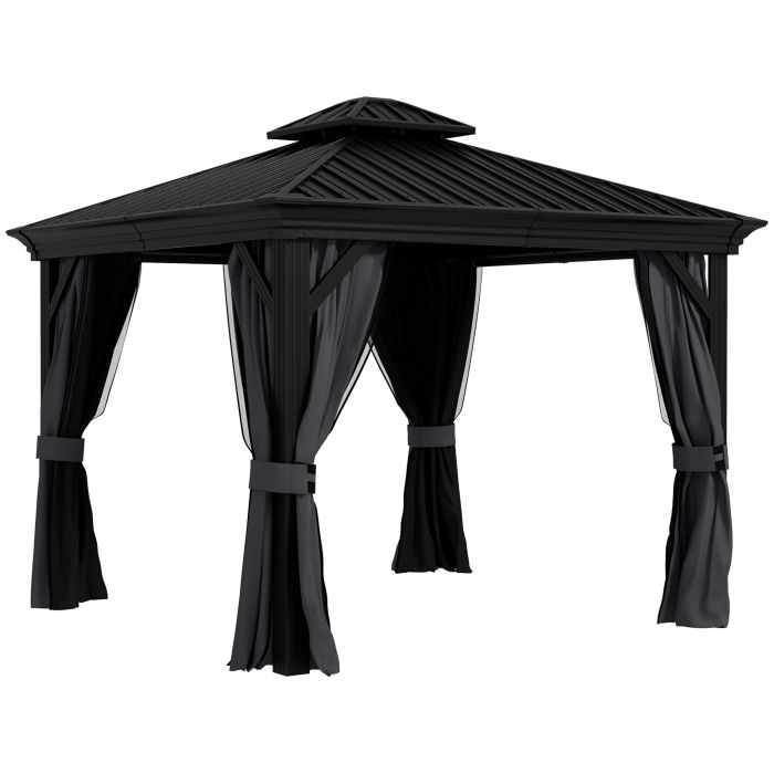 3 x 3.7m Outdoor Hardtop Gazebo Canopy Aluminum Frame with 2-Tier Roof & Mesh Netting Sidewalls for Patio, Dark Grey