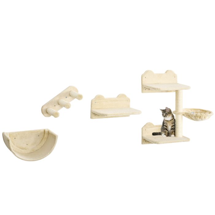 4PCs Wall-mounted Cats Shelves, Cat Climbing Shelf Set, Kitten Activity Center with Hammock Nest Scratching Post Jumping Platform, Beige