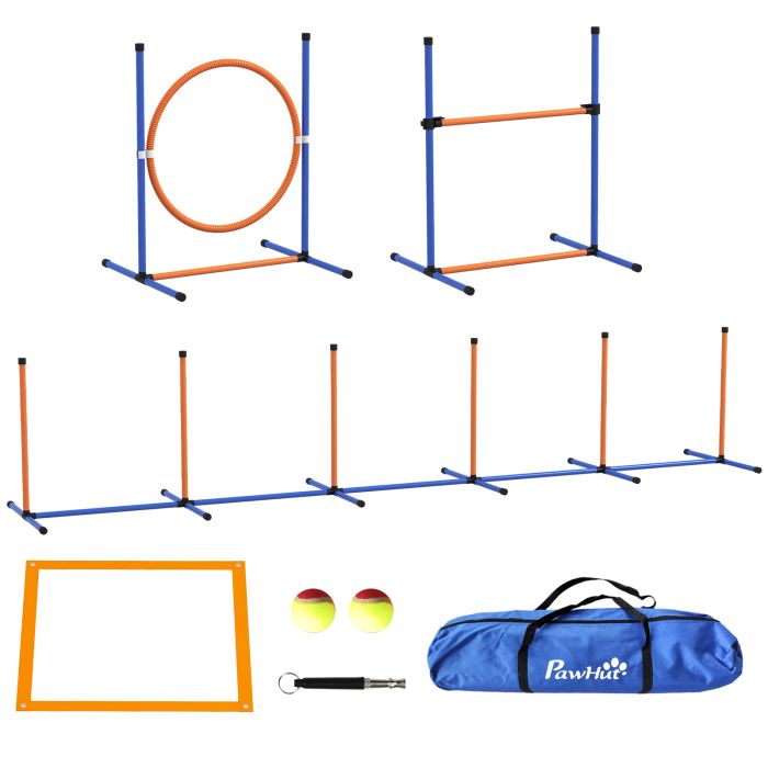PAWSTER Dog Agility Training Equipment with Weave Poles, Jump Ring, Pause Box, Adjustable Hurdle, Carry Bag, Orange