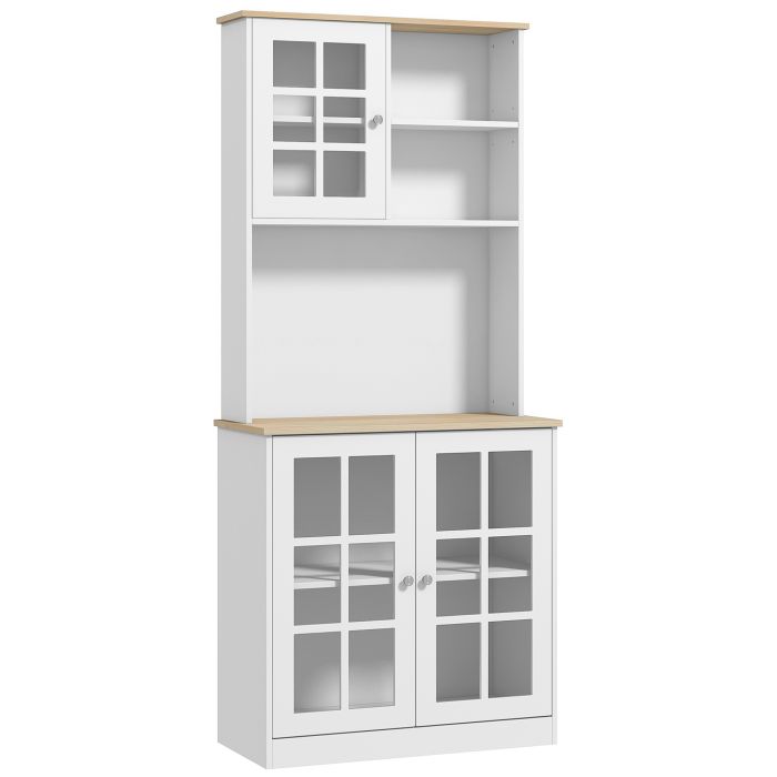 Kitchen Cupboard Sideboard Storage Cabinet Unit w/ Counter Top Grid Glass Doors Shelves 80L x 37W x 183H cm - White