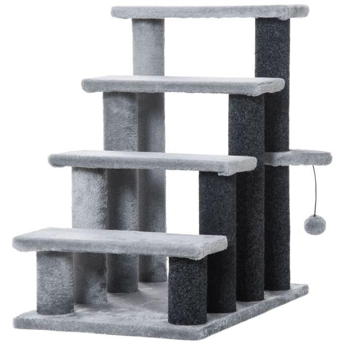 Shelley 4-step Pet Stairs with Scratching Posts and Toy Ball for Small Dogs - Grey