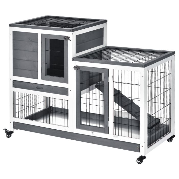 Indoor Wooden Rabbit Hutch Guinea Pigs House Bunny Small Animal Cage W/ Wheels Enclosed Run 110 x 50 x 86 cm