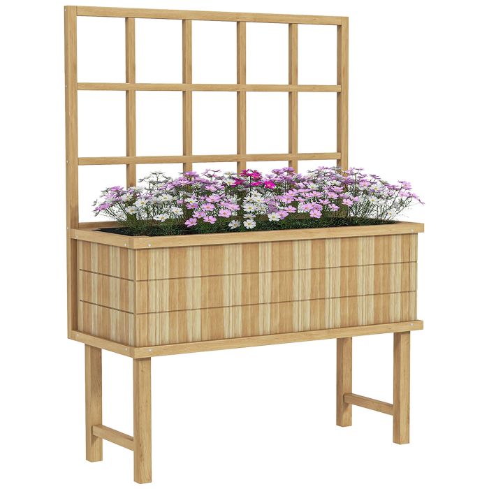 Wooden Raised Planter with Trellis for Vine Climbing Plants, Elevated Garden Bed with Drainage Holes and Bed Liner