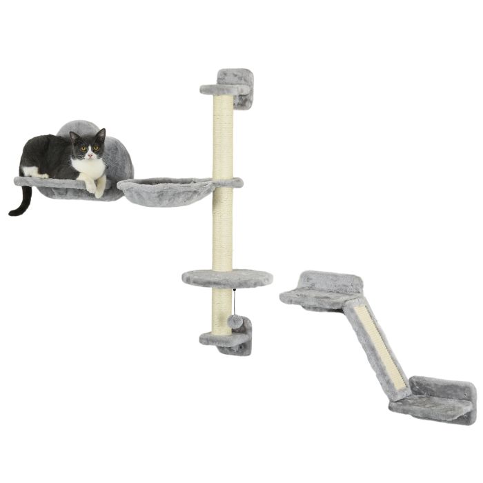 3 Pcs Wall Mounted Cat Shelves, w/ Hammock, Jumping Platform, Ladder, Scratching Post, Cat Wall Furniture w/ Play Ball for Large Cats, Grey