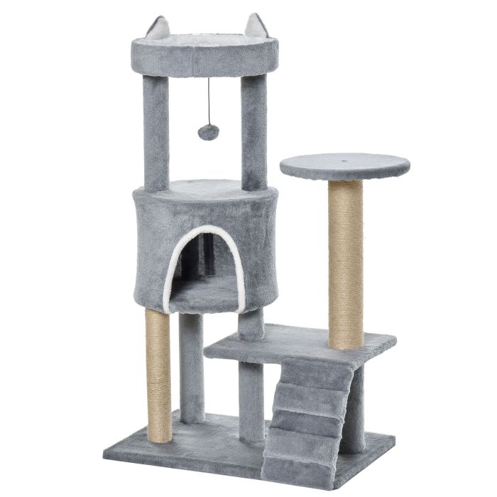 100cm Cat Tree Tower Condo Multi Platform Kitty Cat Center with Climbing Ladder Scratching Post Hanging Toy Ball, Light Grey