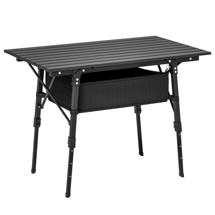 SUNVISTA Folding Camping Table, 90x55cm Height Adjustable Roll-Up Table with Storage Basket, Portable Picnic Table, Black