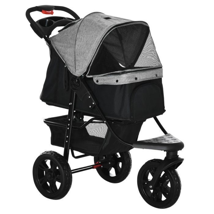 Dog Pushchair Folding Pet Stroller 3 Wheel Dog Jogger Travel Carrier Adjustable Canopy Storage Brake Mesh Window Grey