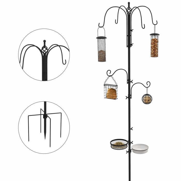 Bird Feeding Station Kit, Wild Bird Feeder Pole with 6 Hooks, 4 Hanging Feeders for Peanuts, Seed, Fat Balls, for Garden, Outdoor, Black