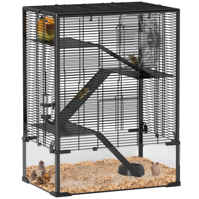 PAWSTER 4 Tiers Hamster Cage with Deep Tempered Glass Bottom, Hut, Running Wheel, Food Dish, Water Bottle, 60 x 40 x 80cm