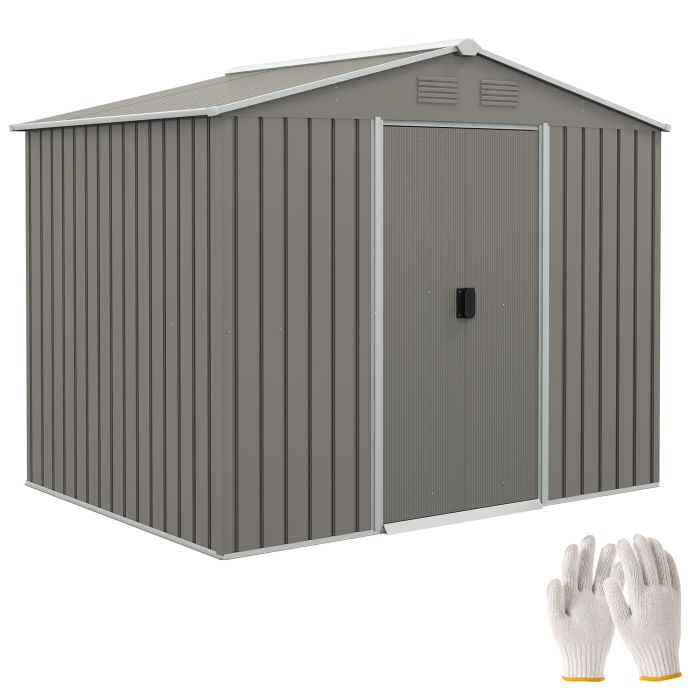 8 x 6ft Outdoor Garden Storage Shed, Metal Tool House with Ventilation and Sliding Doors, Light Grey