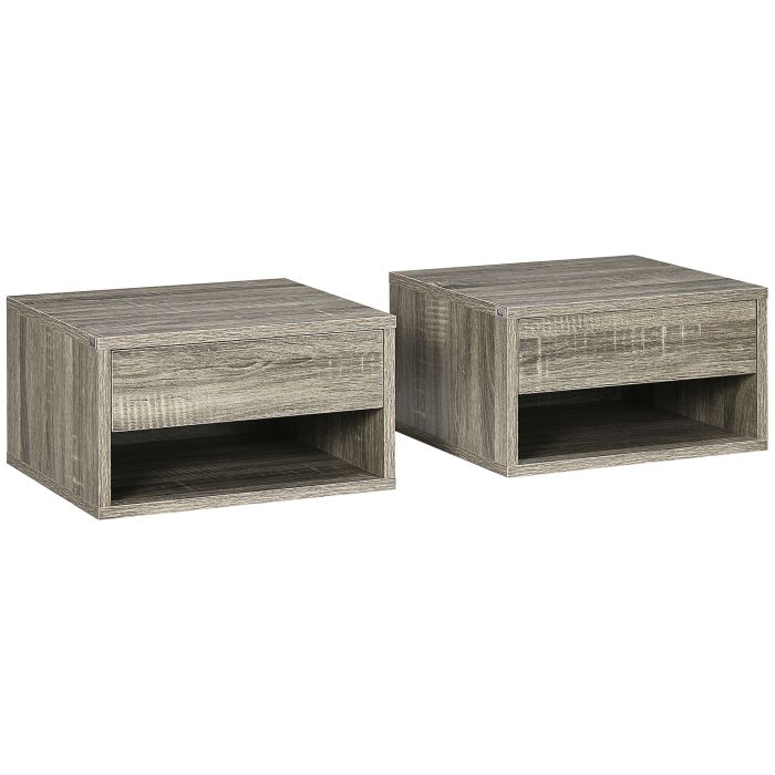 HERON Set of Two Floating Bedside Tables Wall Mounted Nightstands with Drawer and Shelf for Bedroom, Brown Wood-Effect