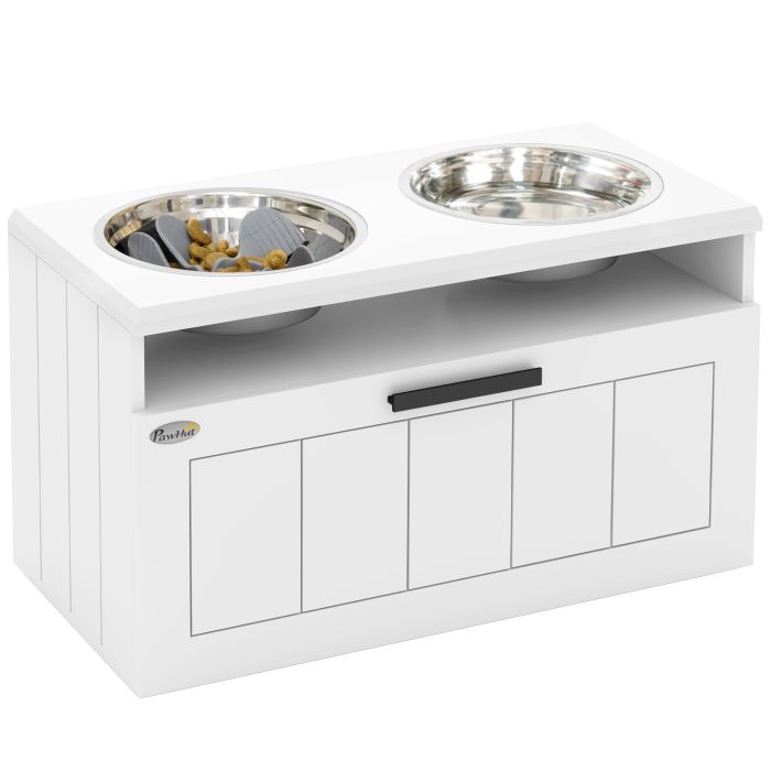 PAWSTER Raised Dog Bowl with Slow Feeder & 2 Stainless Steel Dog Bowl, 25L Storage Drawer, for Large & Extra Large Dogs, White