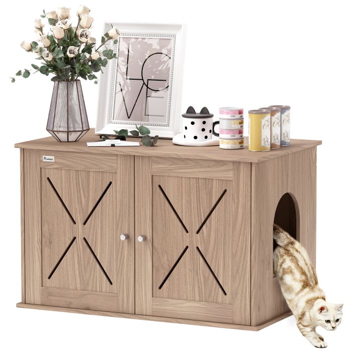 PAWSTER Cat Litter Box Enclosure with Double Doors and Side Entrance, Non-Slip Pads for Living Room, Walnut Brown