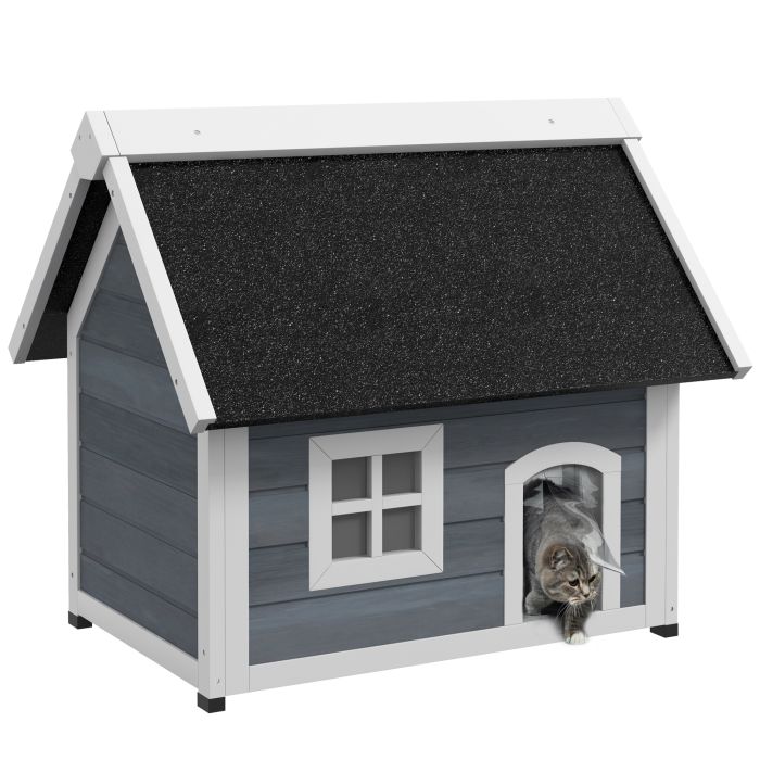Shelley Outdoor Cat House Wooden Shelter with Openable Roof and Three Doors - Grey