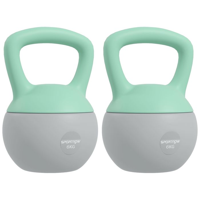 SPORTEDGE 2 x 6kg Soft Kettlebell, Kettle Bell with Non-Slip Handle, for Home Gym, Strength Training, Cardio - Grey and Green
