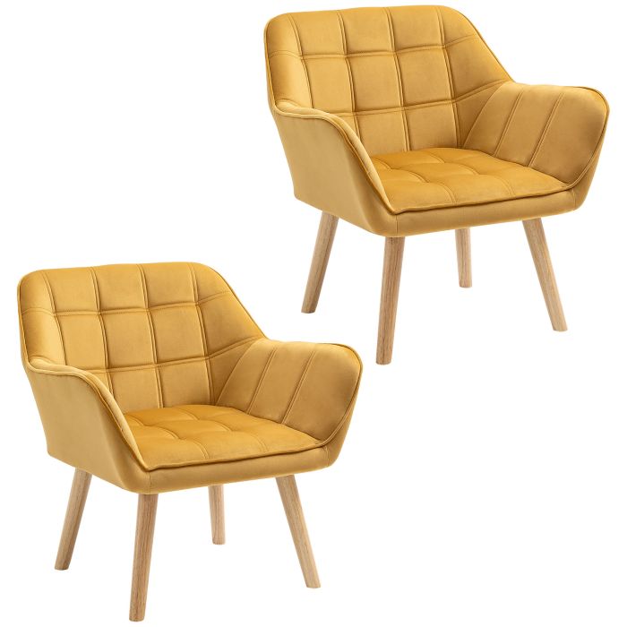 Armchair Accent Chair Wide Arms Slanted Back Padding Iron Frame Wooden Legs Home Bedroom Furniture Seating Set of 2 Yellow