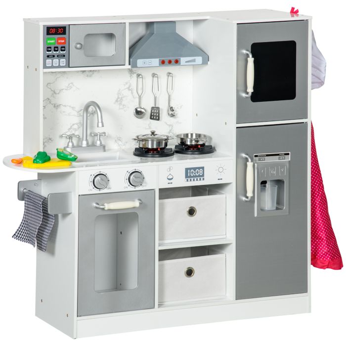 AIYAPLAY Toy Kitchen with Lights Sounds, Apron and Chef Hat, Ice Maker, Microwave, for 3-6 Years Old - White