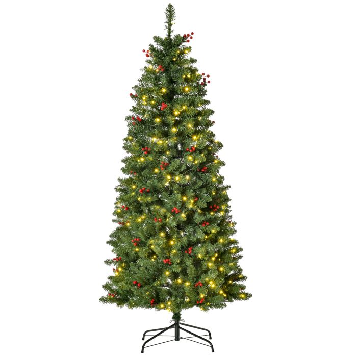 Debbie 5FT Prelit Artificial Pencil Christmas Tree with Warm White LED Light Red Berry Holiday Home Xmas Decoration Green