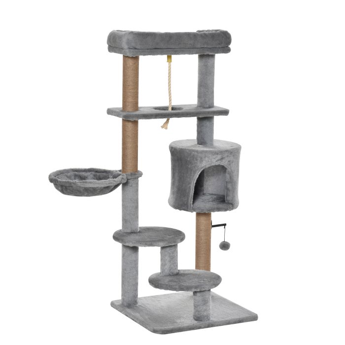 Cat Tree Tower 120cm Climbing Kitten Activity Center with Jute Scratching Post Perch Hanging Ball Hammock Teasing Rope Condo Toy Light Grey