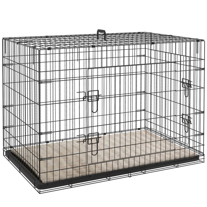 PAWSTER Foldable Dog Crate with 2 Doors with Tray, Soft Cushion, for Extra and Large Dogs, 105 x 70 x 75, Black