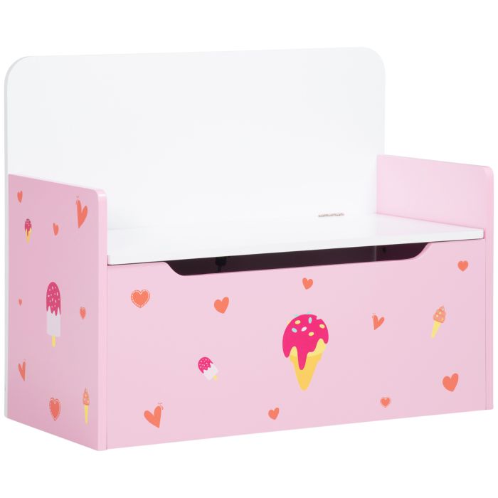 2-IN-1 Wooden Toy Box, Kids Storage Bench Toy Chest with Safety Pneumatic Rod, Cute Pattern, Pink
