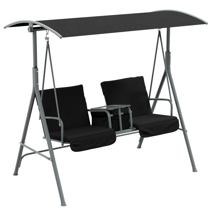 2 Seater Garden Swing Chair Patio Rocking Bench w/ Tilting Canopy, Double Padded Seats, Storage Bag and Tray, Black