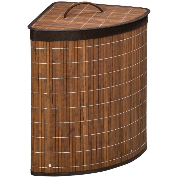 HERON Bamboo Laundry Basket with Lid, 55 Litres Laundry Hamper with Removable Washable Lining, Corner Washing Baskets, 38 x 38 x 57cm, Brown