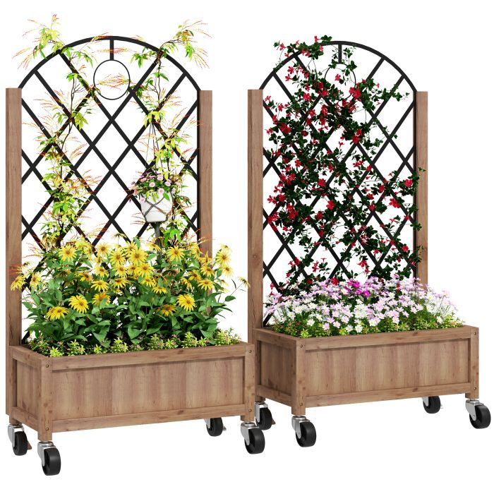 SUNVISTA Wooden Planter Set of 2, with Metal Trellis - Brown/Black