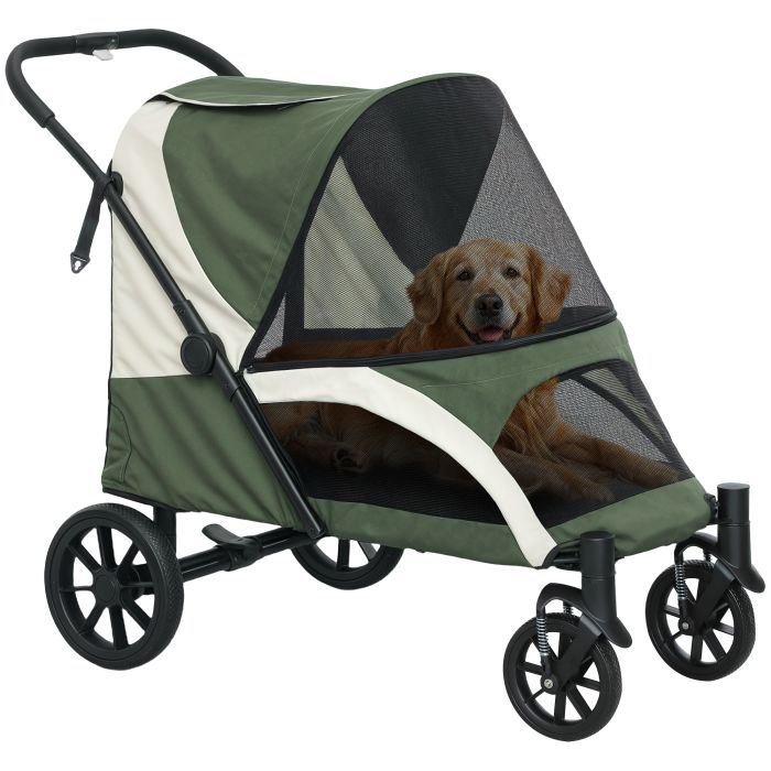 PAWSTER Easy Folding Pet Stroller for Large Dogs with 4 Big Wheels, Shock Absorb Frame, Safety Leashes, Brakes, Dark Green