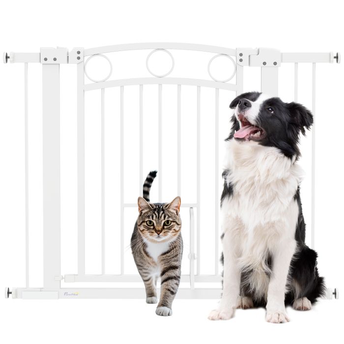 PAWSTER 77cm Tall Dog Gate with Cat Door, 7cm and 14cm Extensions, for Stairs, Doorways, 76-104cm Width