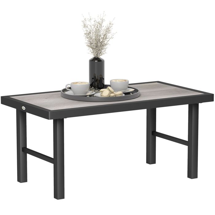 SUNVISTA Metal Garden Coffee Table, Outdoor Side Table with Grey Woodgrain Top, 100x53x46cm