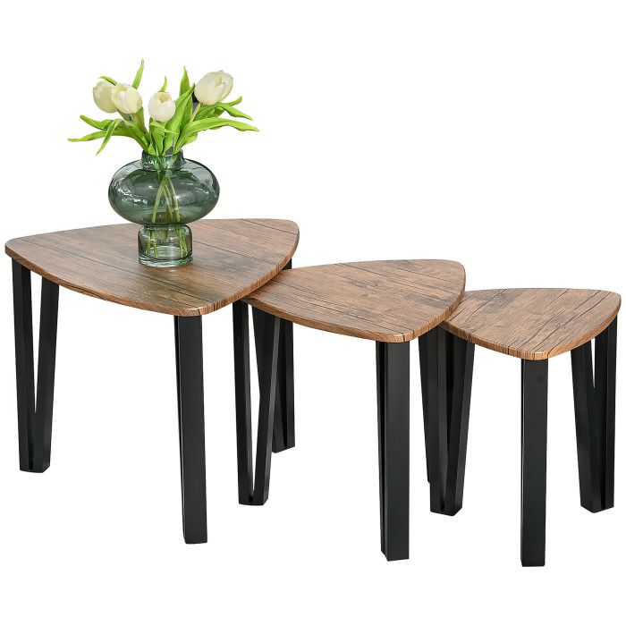 3 PCs MDF Steel Nesting Table Coffee Table Set Multifunctional End Side Table Living Room Furniture Walnut Wood Grain