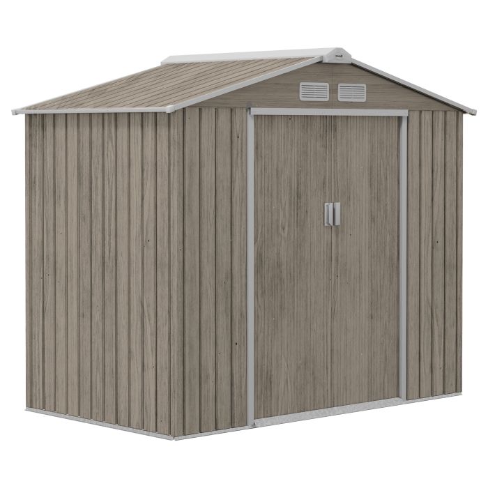 Metal Double Doors Garden Storage Shed 7 x 4ft with Vents, Floor Foundation and Lockable Door - Light Brown