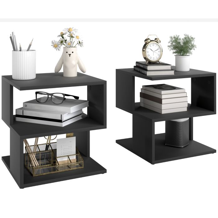 HERON Set of 2 Side Table Square Coffee Table Modern End Table 2 Tier - Black