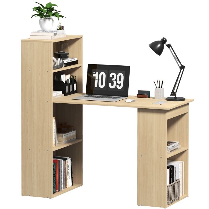 HERON 120cm Modern Computer Desk Bookshelf Study Table Workstation PC Laptop Writing Home Office 6 Shelves, Natural Wood Finish