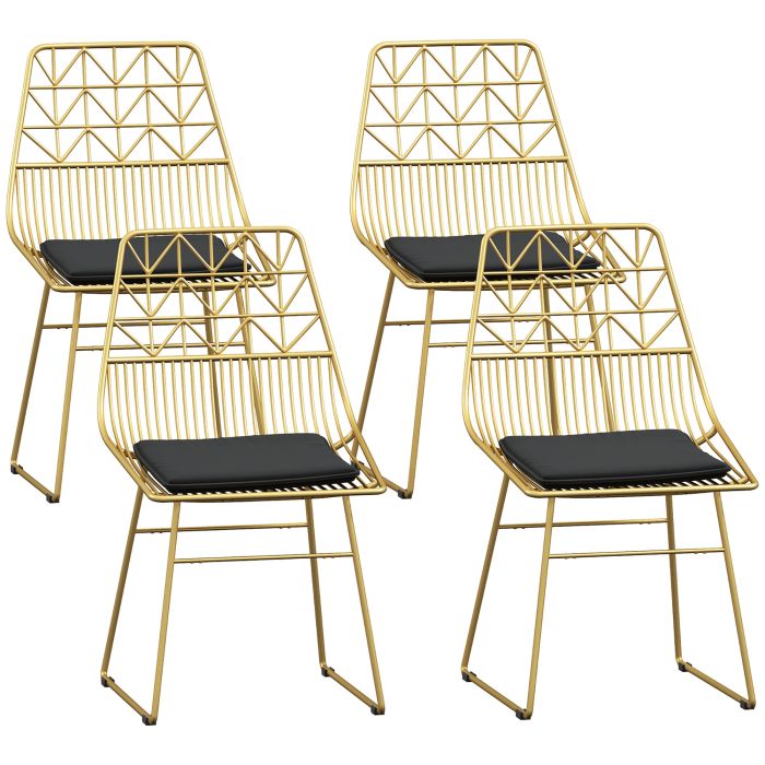 HERON Dining Chairs Set of 4, Metal Wire Frame with Velvet Cushion & Cut-out Back - Gold Tone