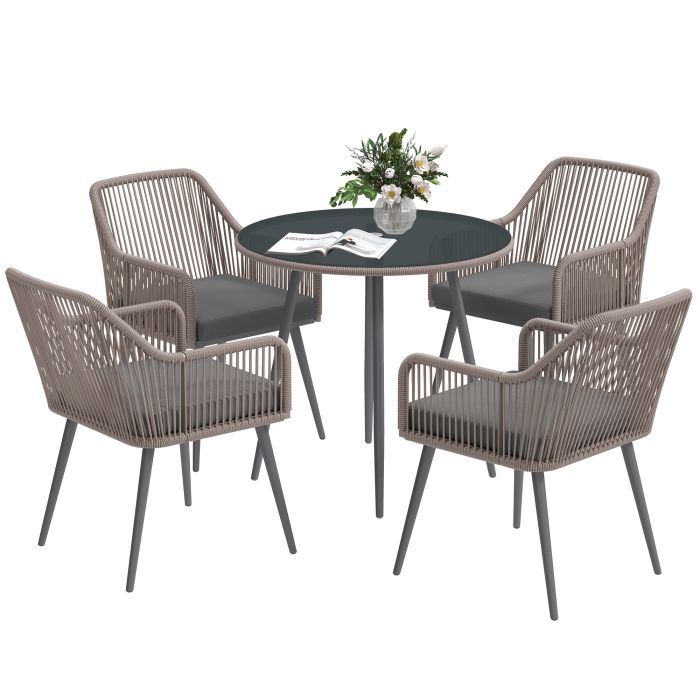 SUNVISTA 4 Seater Rattan Dining Set, Rattan Garden Furniture Set with Parasol Hole, Outdoor Dining Table and Chairs Set with Cushions, Light Brown