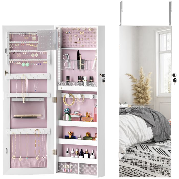 HERON 108 x 37cm Lockable Jewellery Cabinet, with LED Lights - White Surface and Pink Lining