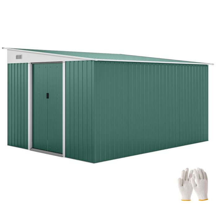 Garden Metal Storage Shed Outdoor Metal Tool House with Double Sliding Doors and 2 Air Vents, 11.3x9.2ft, Green