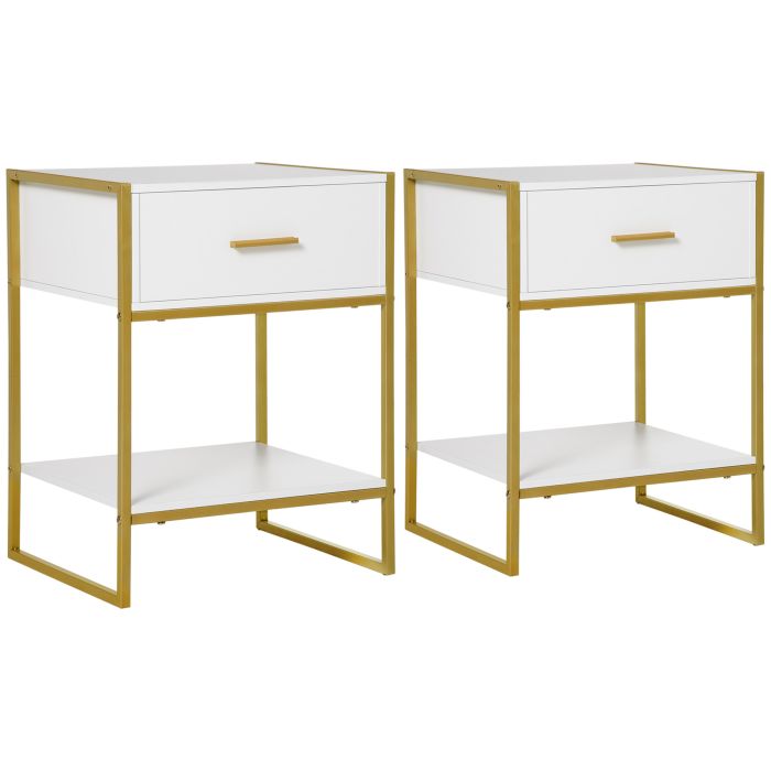 HERON Bedside Table Set of 2 Modern Side Tables Drawer Shelf - White