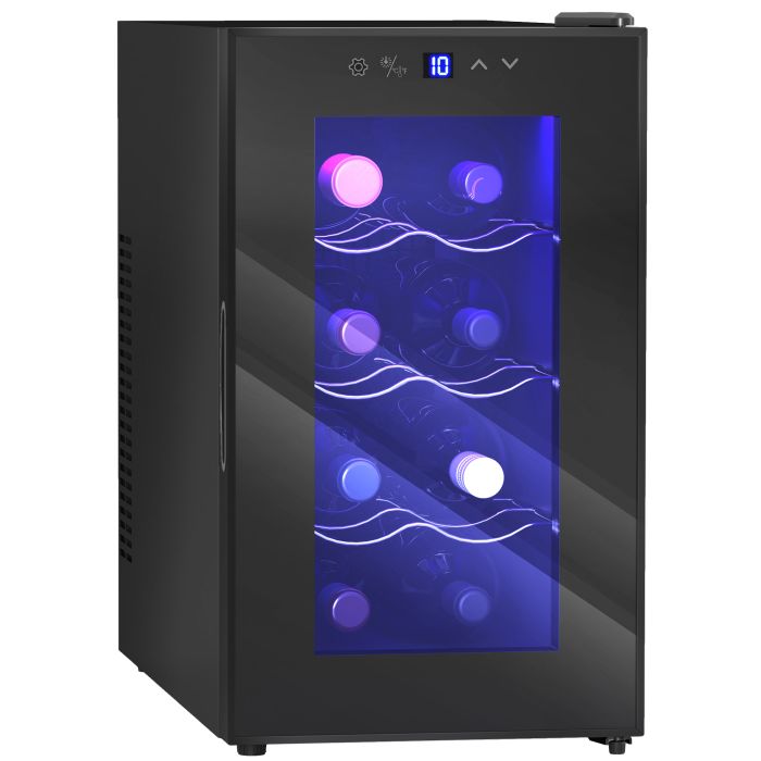 HERON Mini Wine Fridge, 8 Bottle, 21L, 26.5cm, Freestanding and Under Counter, Quiet Wine Cooler Fridge with Glass Door, Temperature Control